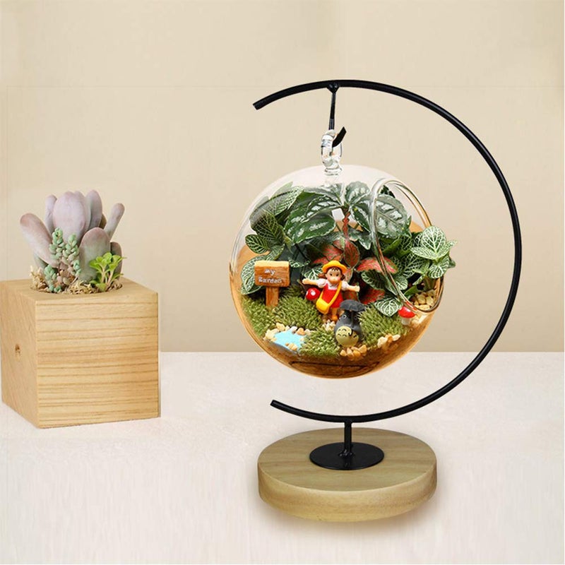 YY YEARCHY Ornament Display Metal Terrarium Air Plant Stand Flower Pot Holder Iron Pothook Stand for Hanging Glass Globe Ball (G round wood) - Image 2